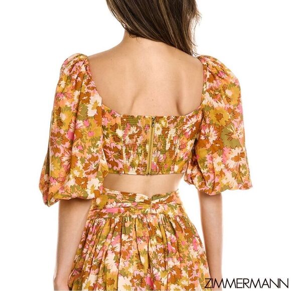 ZIMMERMANN Violet Twist Front Puff Sleeve Crop Top in Khaki Multi Floral - Picture 9 of 16